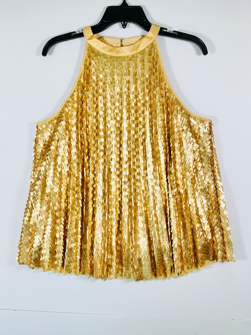 Tahari Gold Sequined Flowy Pleated Halter Neck sleeveless Party Top a-line flare